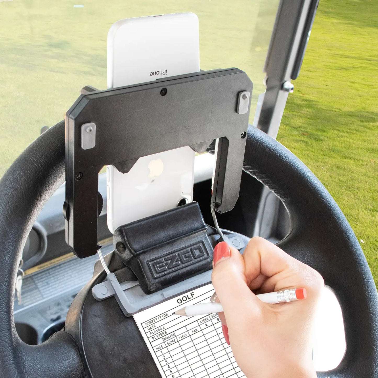 Golf Cart Steering Wheel Phone Mount - Flip-Up Cell Phone Holder for Club Car with Secure Grip and Easy Access