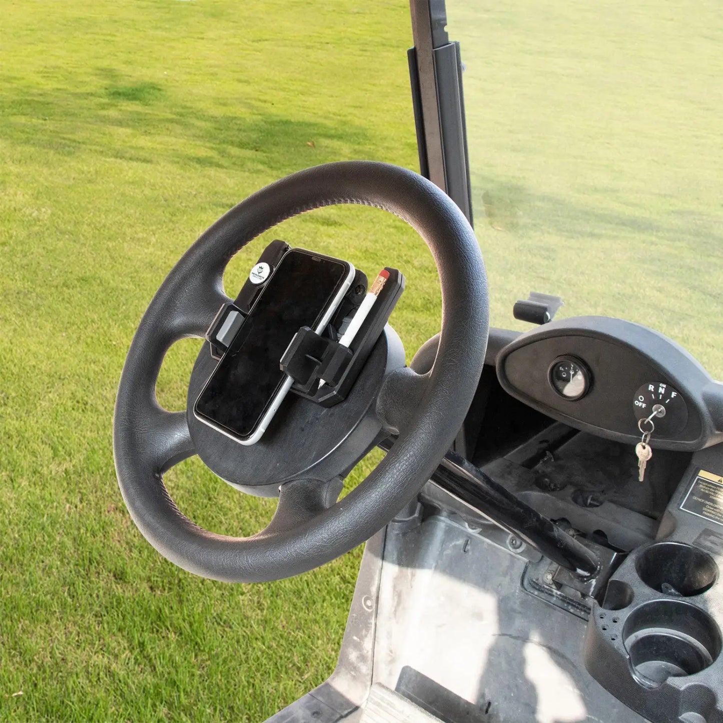 Golf Cart Steering Wheel Phone Mount - Flip-Up Cell Phone Holder for Club Car with Secure Grip and Easy Access