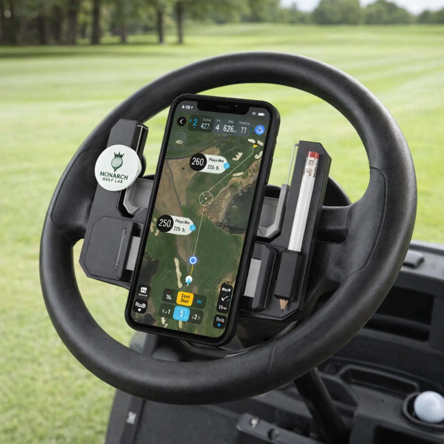 Golf Cart Steering Wheel Phone Mount - Flip-Up Cell Phone Holder for Club Car with Secure Grip and Easy Access