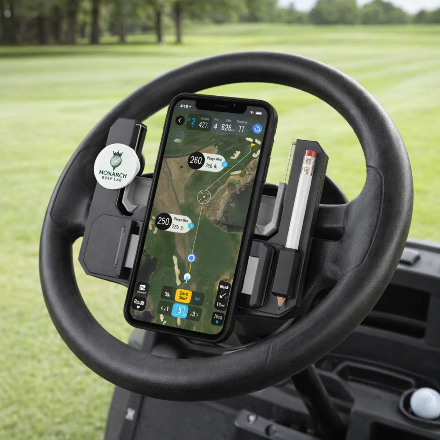 Golf Cart Steering Wheel Phone Mount - Flip-Up Cell Phone Holder for Club Car with Secure Grip and Easy Access